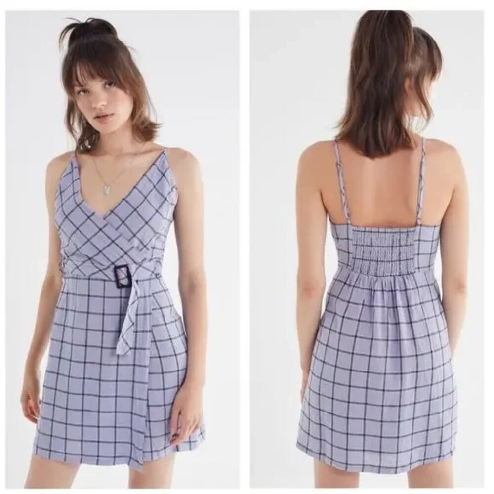 UO URBAN OUTFITTERS Linen Plaid Mini Dress Sleeveless Purple Black Print Small